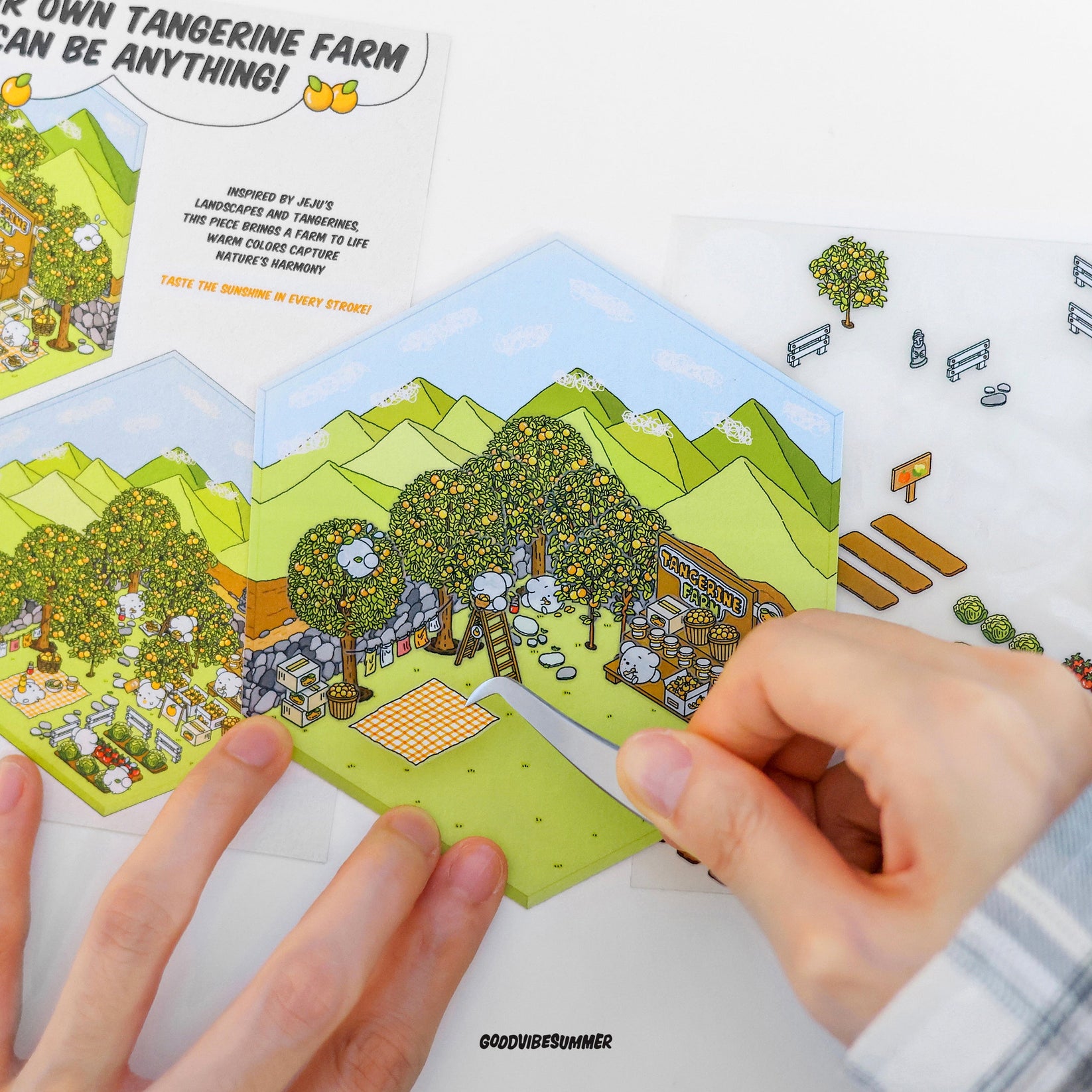 Close-up of a child's hands placing stickers in an isometric scene